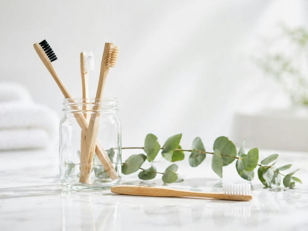 Bamboo toothbrushes in a clear glass jar with eucalyptus sprig on white marble, soft window light.